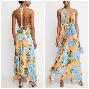L'IDEE Boheme Yellow Floral Pleated Gown Maxi Dress Halter - Size US 4
